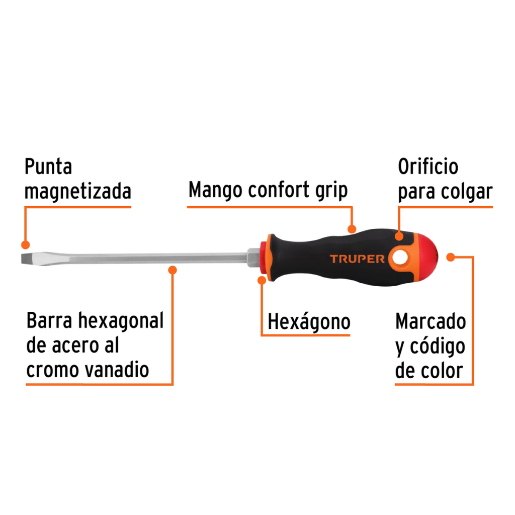 Desarmador Comfort Grip 6"X1/4" Truper Plano