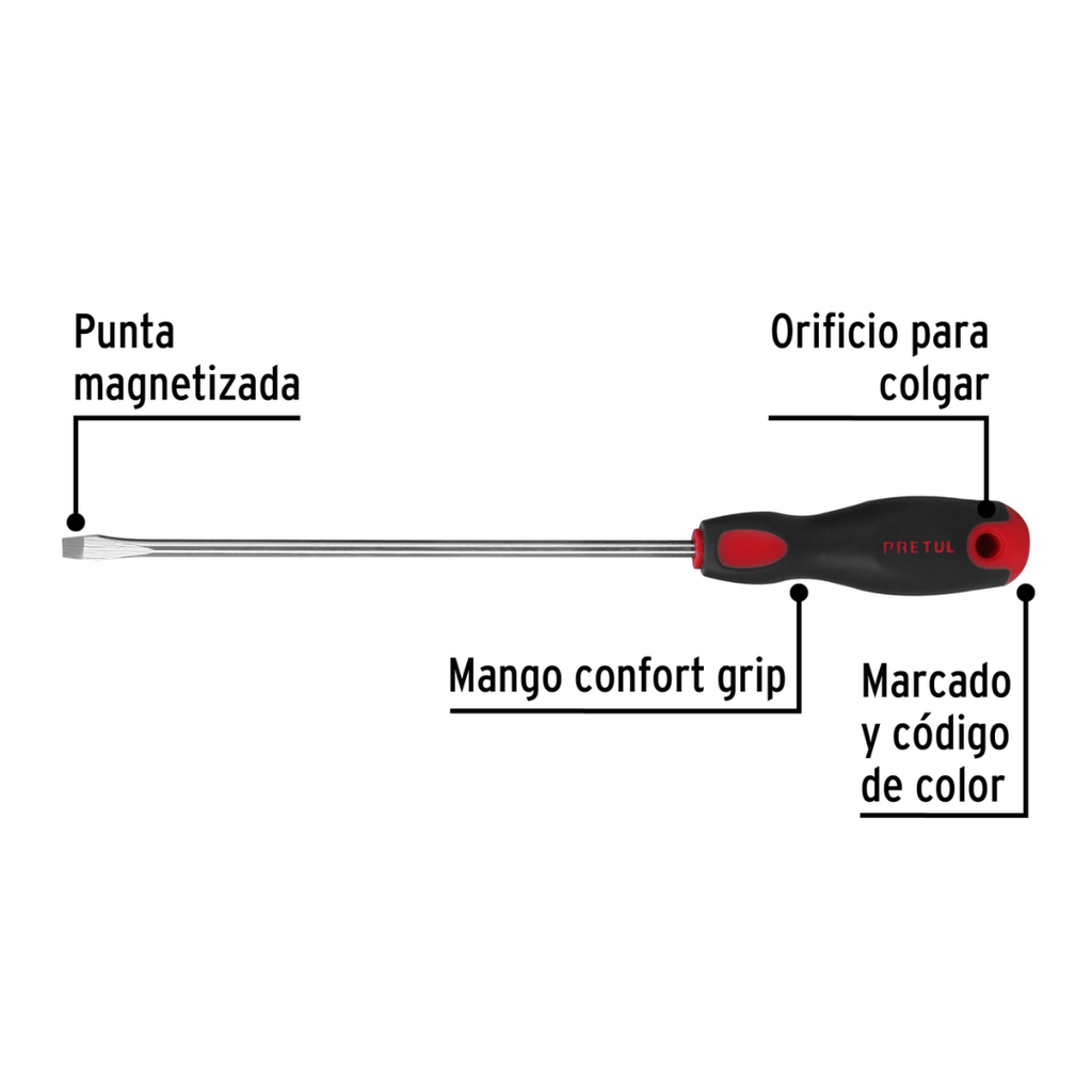 Desarmador plano 1/4" x 8"mango Comfort Grip Pretul