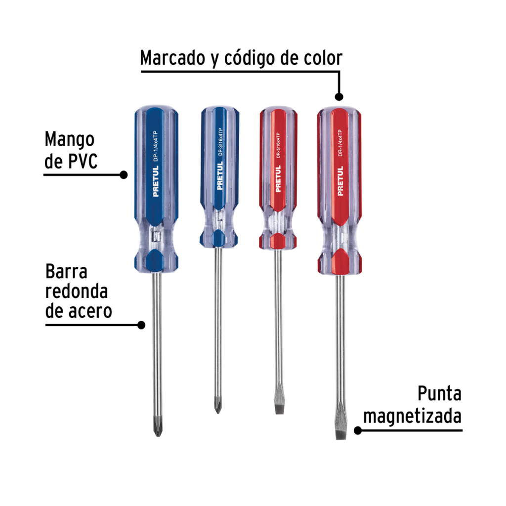 Juego de 4 desarmadores mango de PVC Pretul