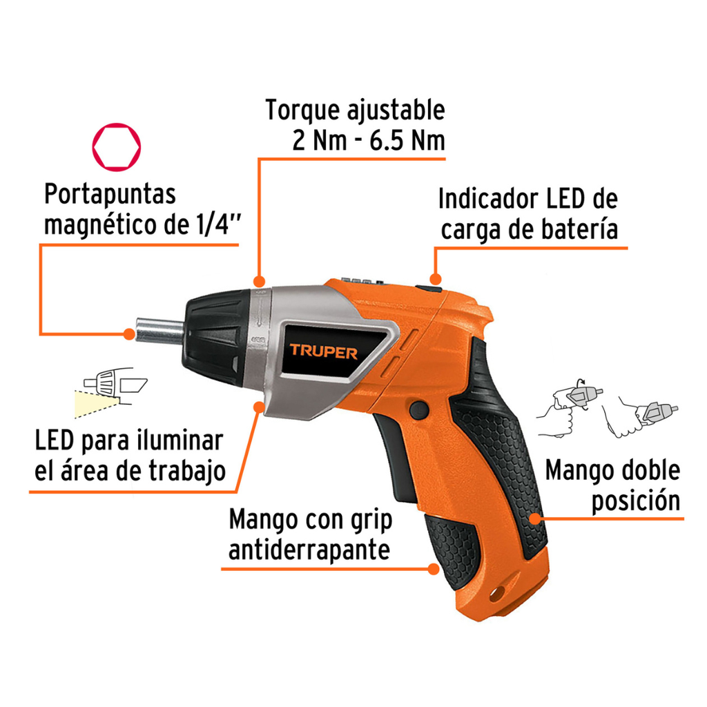 Destornillador Inalámbrico 3.6V, 2 Posiciones, Truper PRO