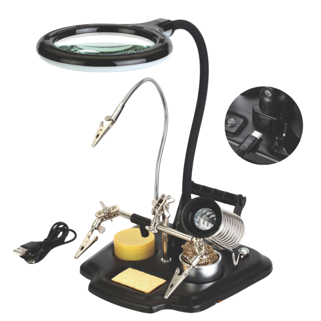 Base Para Cautín Mas Tercera Mano Con Iluminación Led Y Alimentacion USB