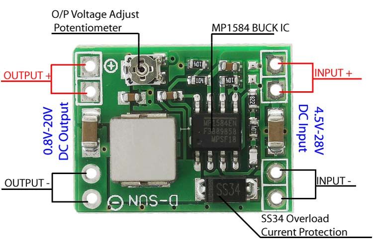 MP1584 CA-1584 Módulo Reductor de Voltaje Buck Step Down Dc-Dc 25V 3A Máximo