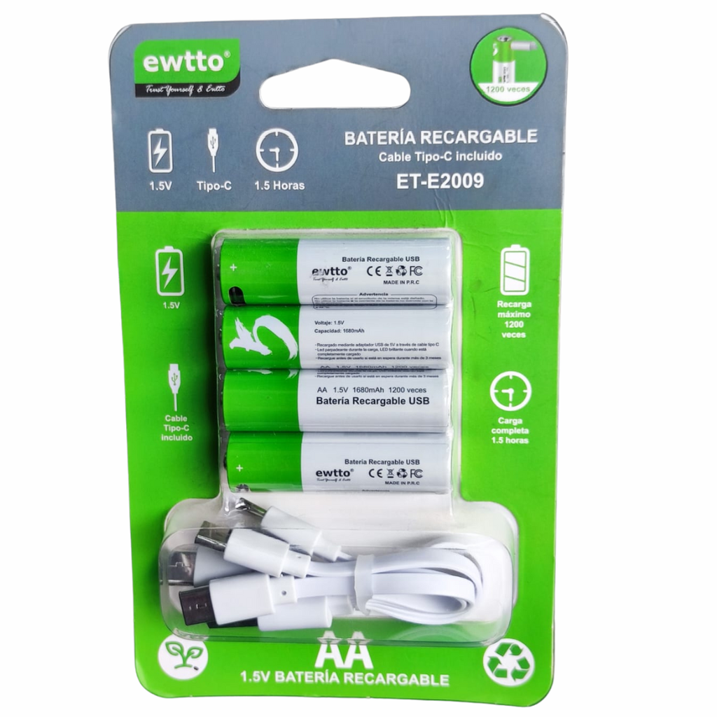Batería Recargable AA 1680mAh por USB-C Paquete de 4 Baterías EWTTO