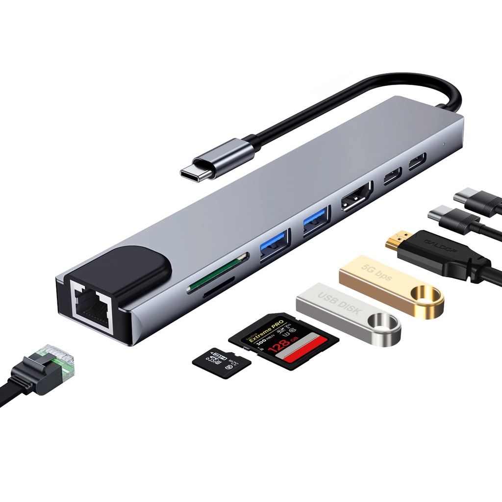 Hub USB C a RJ45, HDTV, 2 USB A, 2 USB C, Micro SD y SD