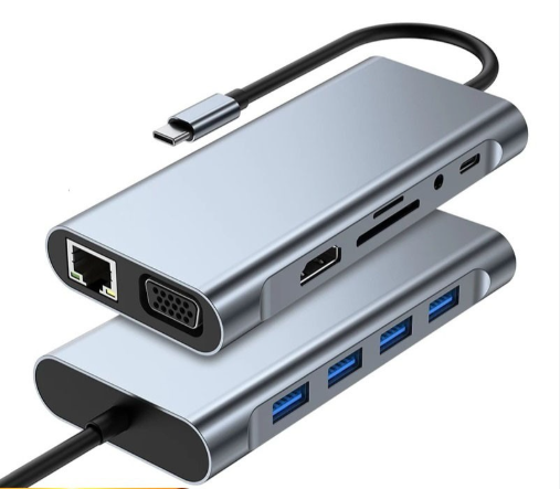 Hub USB C a RJ45, VGA, HDTV, 4 USB A, USB C, 3.5mm ,Micro SD y SD