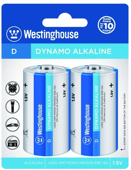 Batería WESTINGHOUSE Dynamo Alcalina Tipo D 1.5V Paquete De 2 Baterías