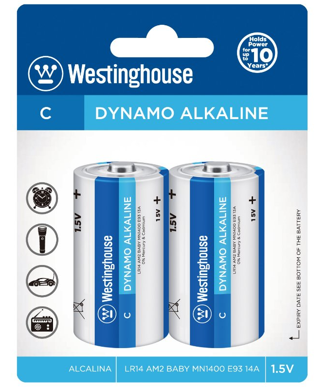 Batería Westinghouse Dynamo Alcalina Tipo C 1.5V Paquete De 2 Baterías