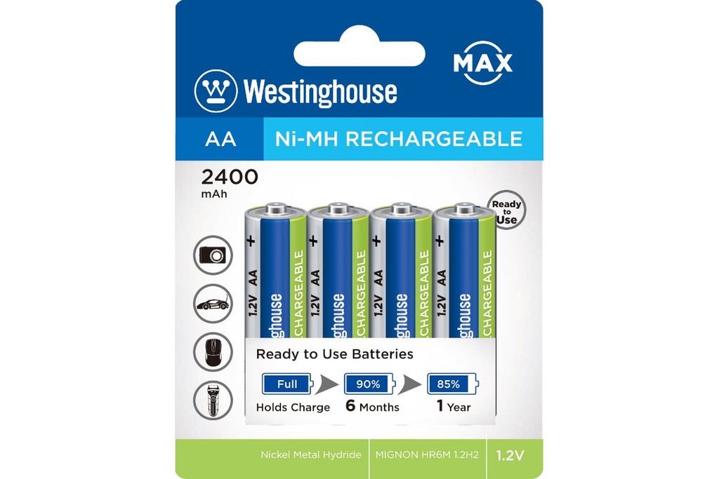 Batería Westinghouse Recargable NiMH AA 1.2V 2400mAh Paquete De 4 Baterías