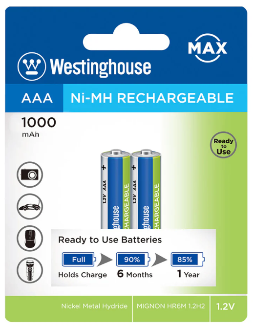Batería Westinghouse Recargable NiMH AAA 1.2V 1000mAh Paquete De 2 Baterías