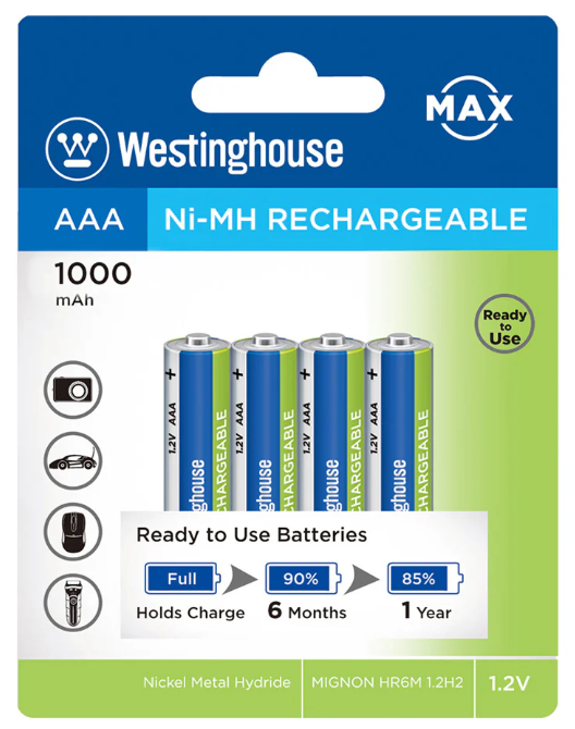 Batería Westinghouse Recargable NiMH AAA 1.2V 1000mAh Paquete De 4 Baterías