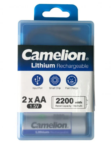 Batería Camelion Recargable USB De Litio Tipo C AA 1.5V 1460mAh Paquete De 2 Baterías