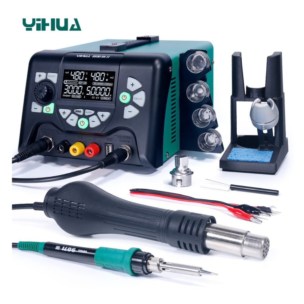 Estación De Soldadura Yihua 853D Con Pistola De Aire Caliente, Cautín y Fuente De Poder 30V 5A