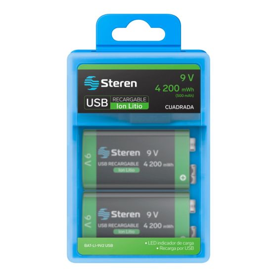 Bateria Recargable Li-Ion Tipo 9V Cuadrada 4200mAh USB-C Steren 2 Baterias